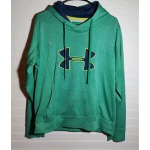 Under Armour Storm Logo Hoodie‎ Green Navy Fleece Sz LG Semi-Fitted Sweatshirt